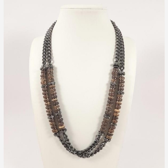 Givenchy Mixed Media Gun Metal Tone and Wood Necklace - Picture 1 of 7